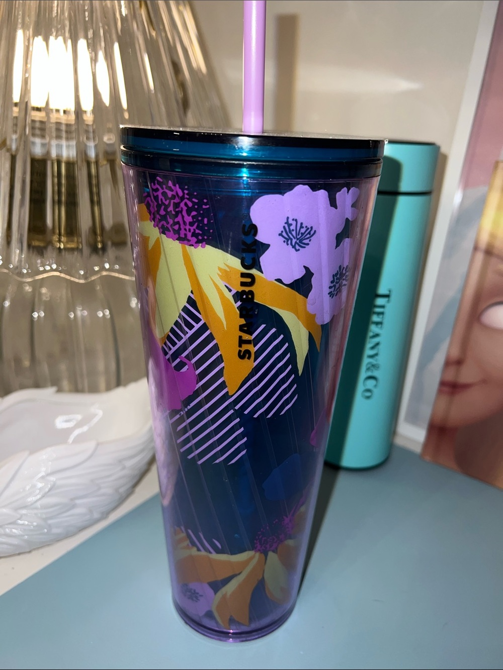 Starbucks Blue Purple Floral Reusable Tumbler with Pink Straw